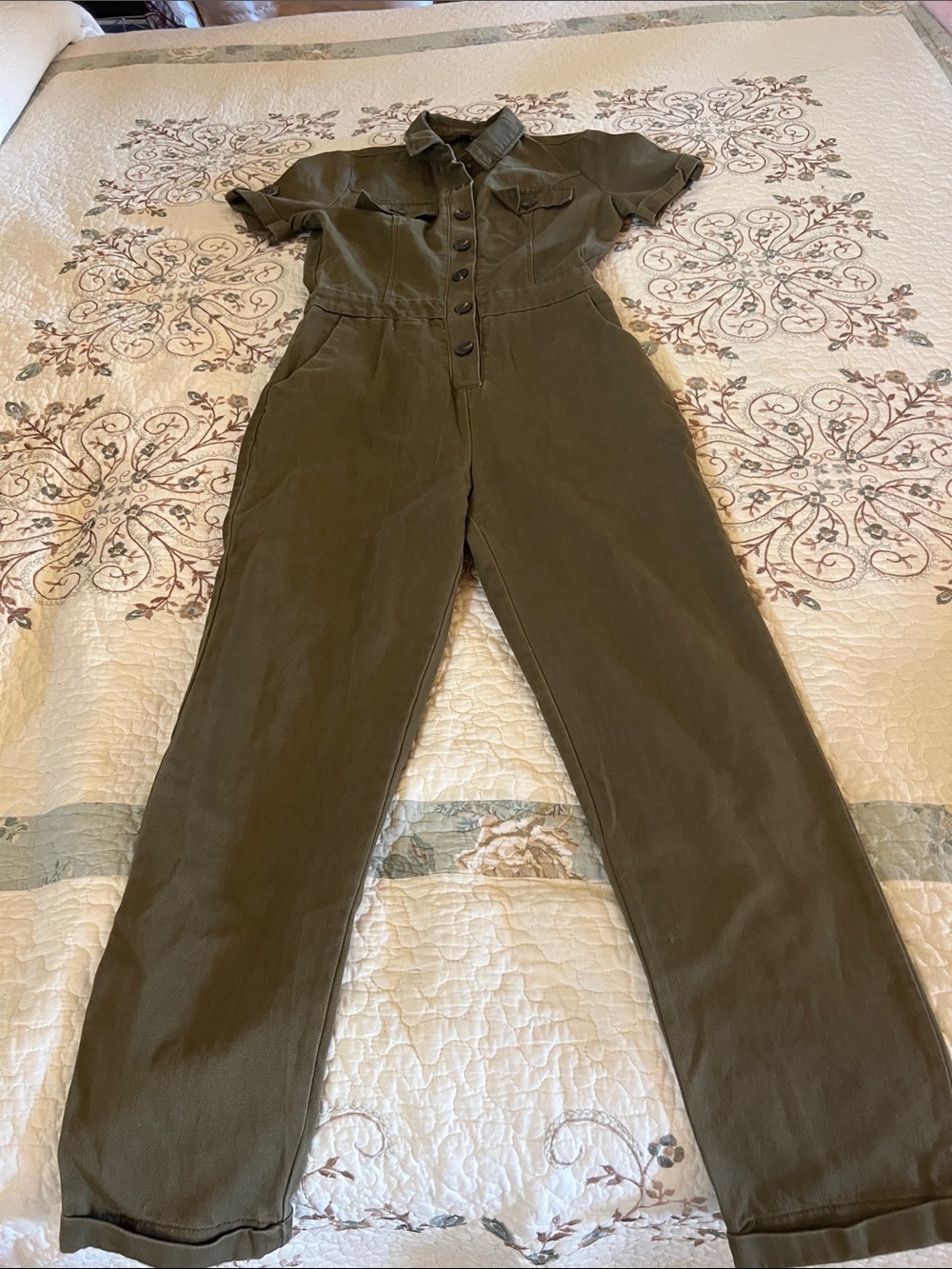 Haute Monde Olive Short-Sleeve Button-Front Jumpsuit